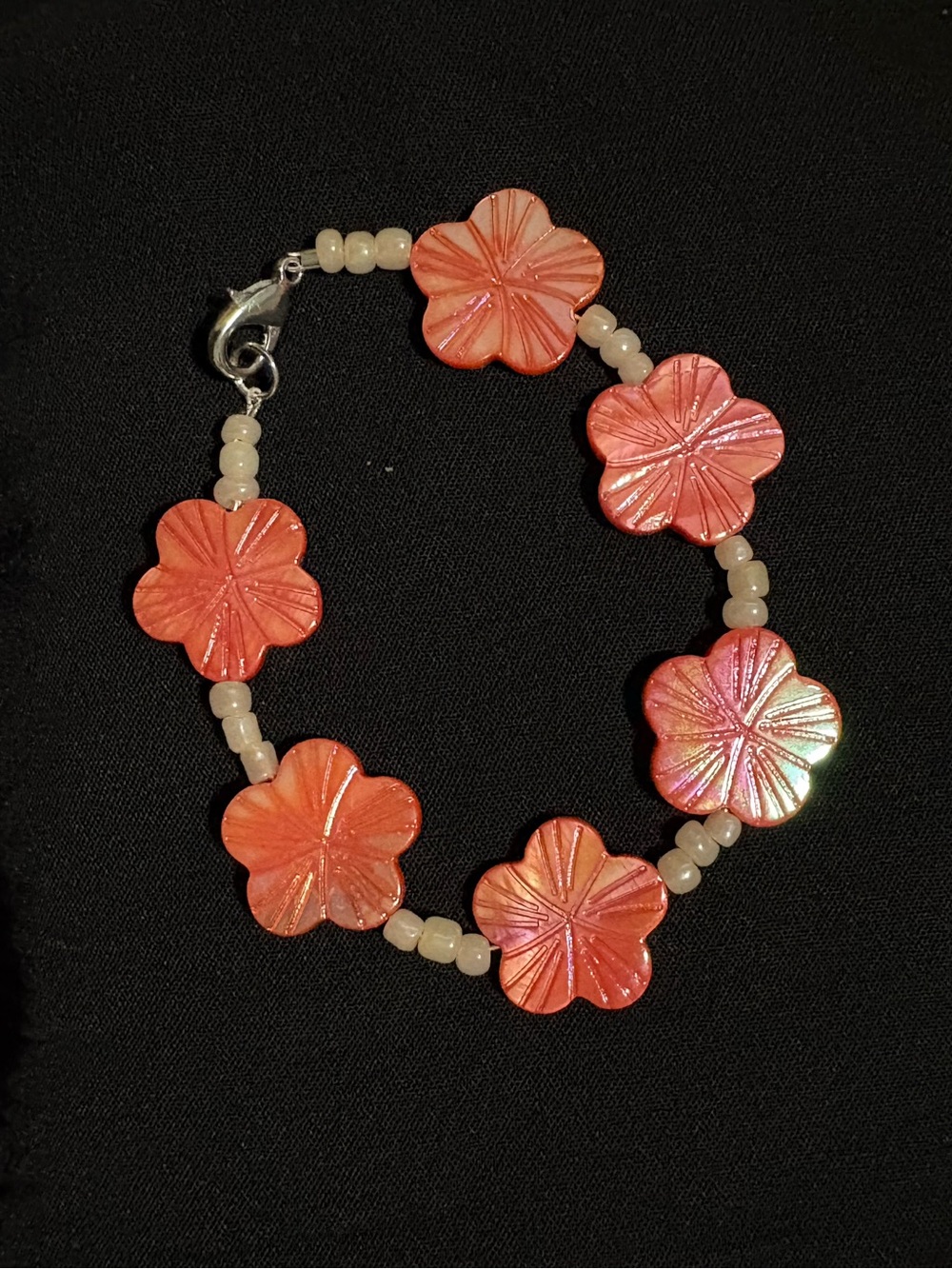 Handmade Pink Flower Beaded Bracelet